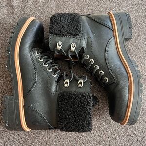 Black Leather Ankle Boots with Shearling Cuff